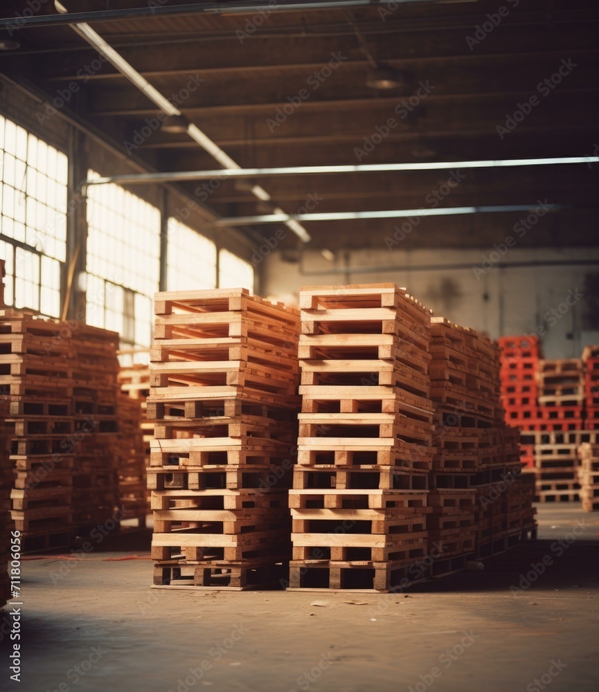 A warehouse with many pallets stacked up. Generative AI. A warehouse with many pallets stacked up. Generative AI.