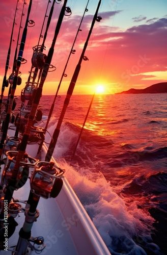 Fishing rods on the bow of a boat at sunset. Generative AI. photo
