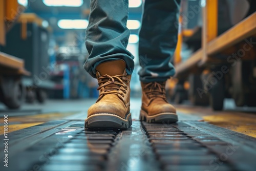 Man walking in work boots on metal floor industrial setting