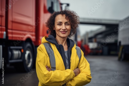 Middle aged woman in high visibility jacket with trucks in background