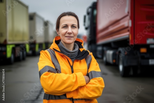 Middle aged woman in high visibility jacket with trucks in background