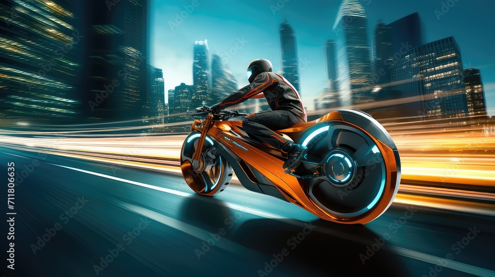 Cyclist riding a fast motorbike on the road with motion blur