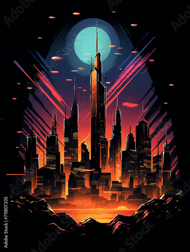T-shirt design  a stylized  futuristic skyline filled with towering skyscrapers created with Generative Ai