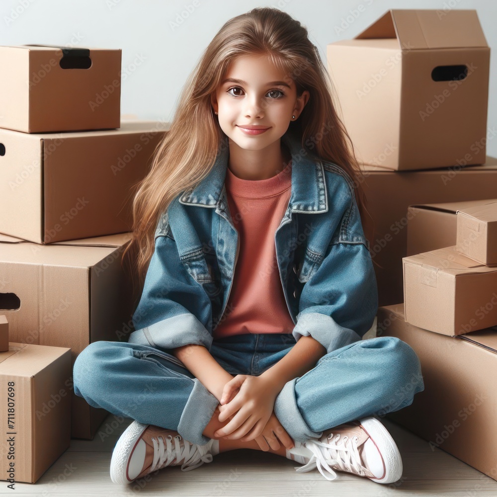 Cute girl sitting among cardboard boxes. Cute girl sitting among cardboard boxes.