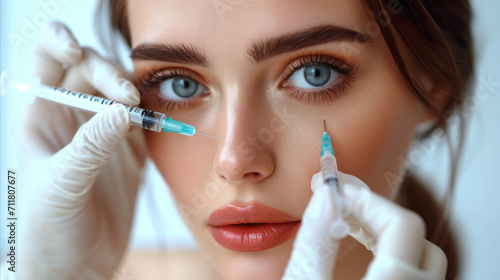 Cosmetic procedure with syringes around woman s face