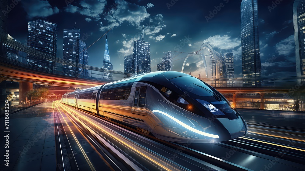 High speed train in the city with motion blur. Concept of fast travel. High speed train in the city with motion blur. Concept of fast travel.