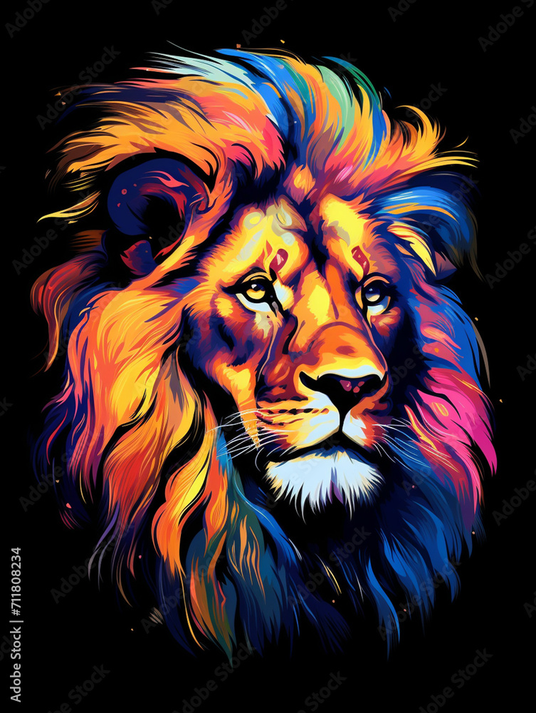 T-shirt design, a portrait of a majestic lion with a mane of swirling created with Generative Ai