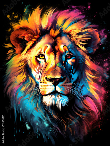 T-shirt design  a portrait of a majestic lion with a mane of swirling created with Generative Ai