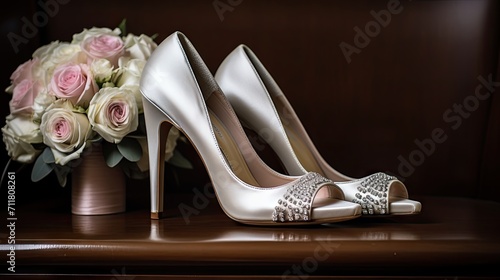 shot of wedding shoes worn by brides, accompanied by a beautiful bouquet