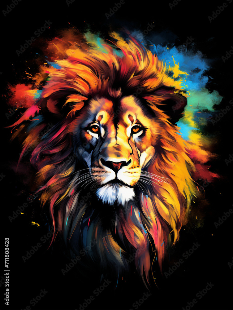 T-shirt design, a portrait of a majestic lion with a mane of swirling created with Generative Ai