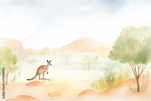 Kangaroo, outback scene , cartoon drawing, water color style, AI Generated photo