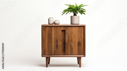 shot of a wooden console isolated on a white background  emphasizing the craftsmanship and minimalist design.