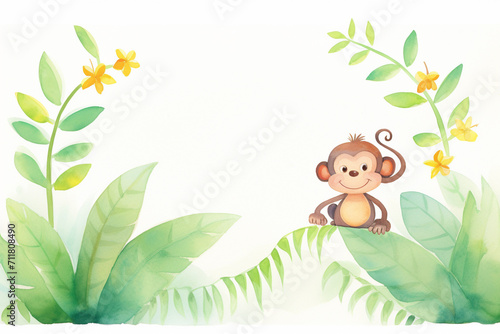 Monkey  jungle setting   cartoon drawing  water color style  AI Generated