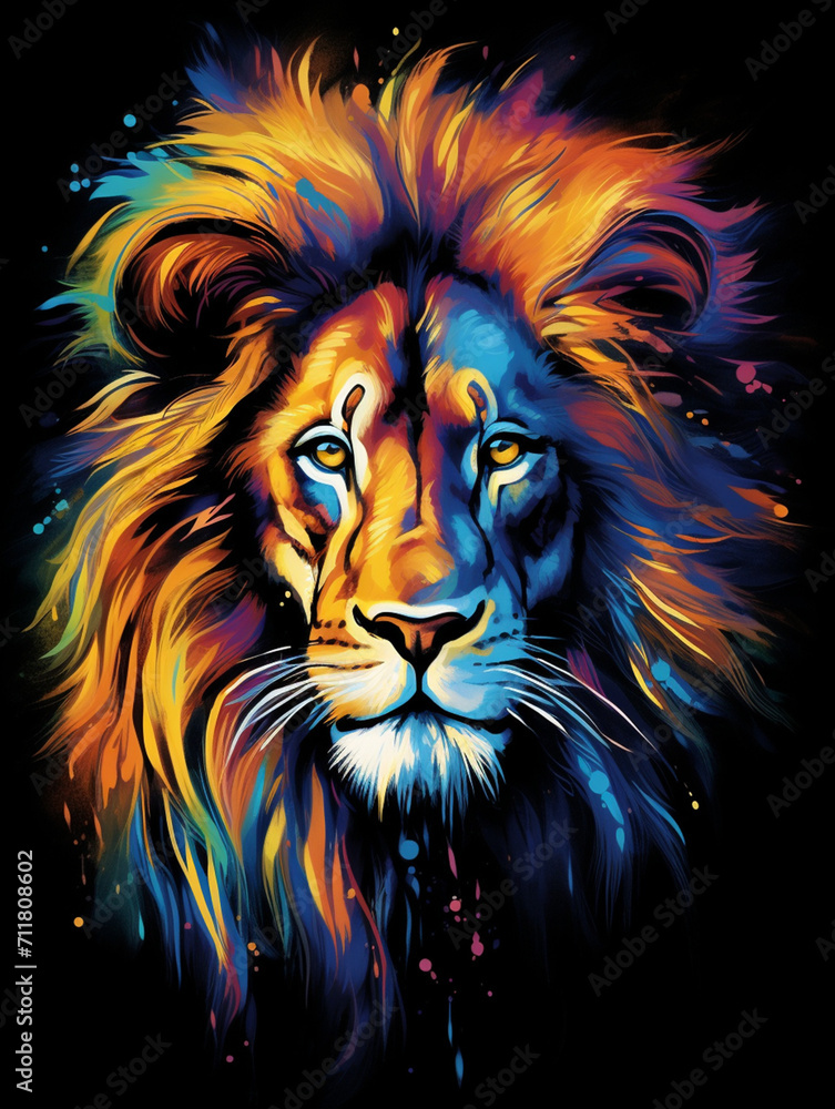 Obraz premium T-shirt design, a portrait of a majestic lion with a mane of swirling created with Generative Ai