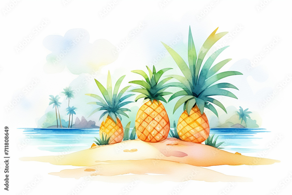 Pineapple, tropical scene , cartoon drawing, water color style, AI Generated