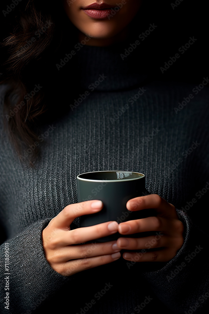 Woman wearing a sweater holding a cup of coffee. Cozy morning. Generative AI