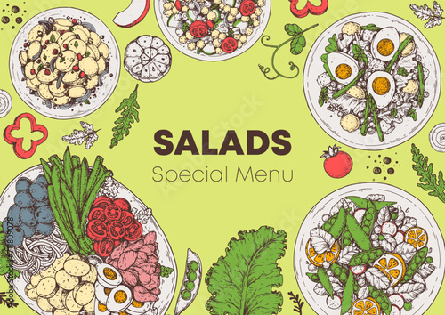 Hand drawn salads. Food top view vector illustration. Healthy eating. Salads collection. Food menu design template. Hand drawn sketch.