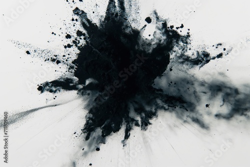 black powder explosion isolated on white background. black dust particles splash. Color Holi Festival. Burst of colors series. Vibrant contrast. Celebration and creativity concept background texture 3 photo