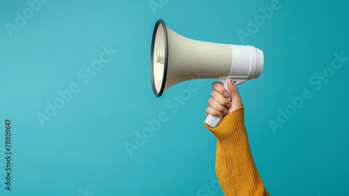 Megaphone in woman hands on a blue background with Copy space