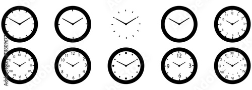 Different designs of Mechanical, analogue watch faces, including standard and roman numeral numbers.  Isolated on a white background photo