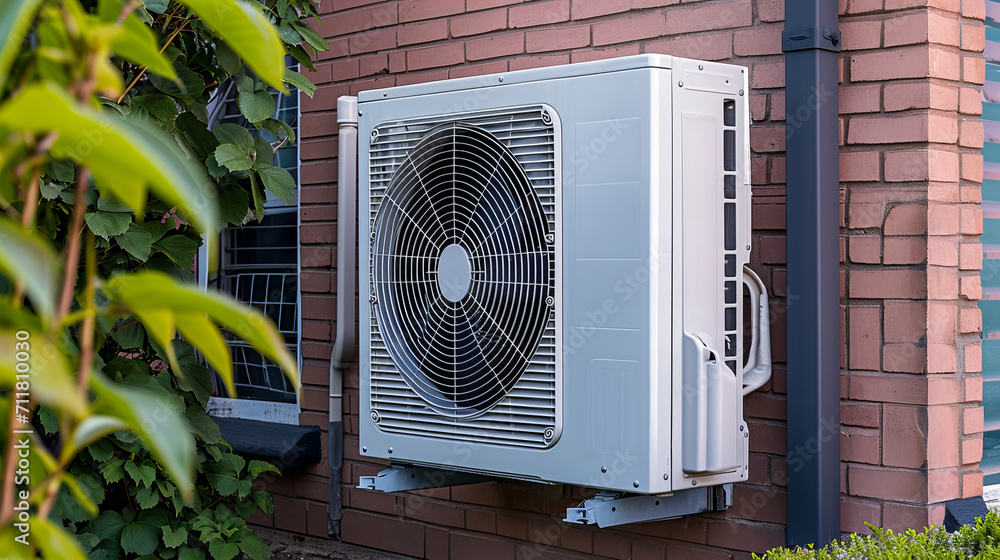 outdoor unit of a modern heat pump standing by the wall outdoor unit of a modern heat pump standing by the wall
