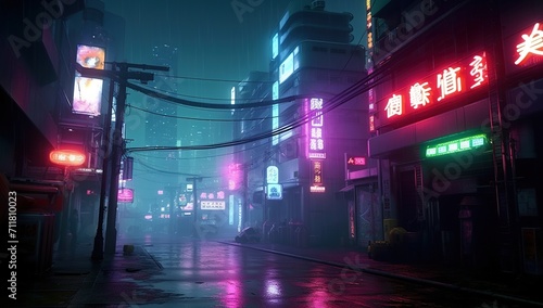 A dark and rainy street in a cyberpunk city with neon lights and signs in the background © Molostock
