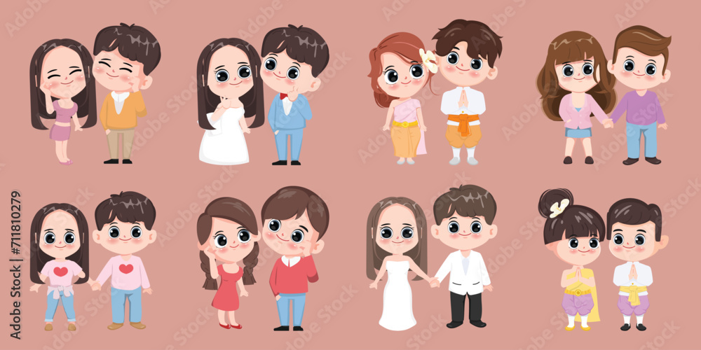 Bride And Groom cute cartoon chibi character, Love, Relationship, Sweetheart, Couple, Engagement, Valentine's Day. Wedding character Bride And Groom cute cartoon chibi character, Love, Relationship, Sweetheart, Couple, Engagement, Valentine's Day. Wedding character
