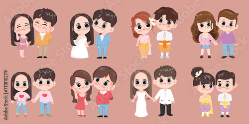 Bride And Groom cute cartoon chibi character, Love, Relationship, Sweetheart, Couple, Engagement, Valentine's Day. Wedding character