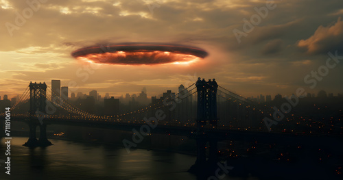 
A large UFO flying over a building over a bridge.