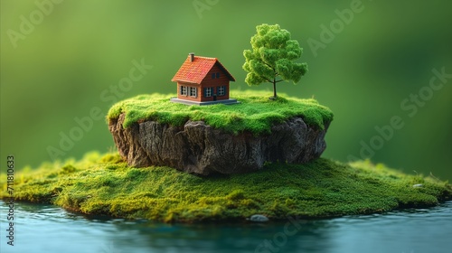 Serene miniature house on a lush green island with tree