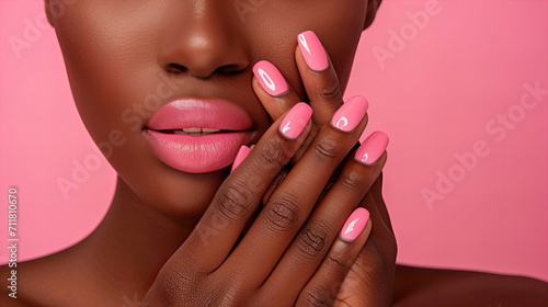 Female hand model with nail polish on her fingernails. Pink nail manicure with gel polish made at luxury beauty salon. 