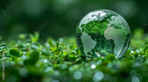 Crystal globe resting on dewy green leaves illustrating environmental concept