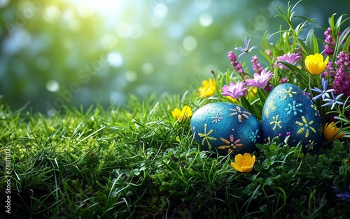 easter eggs on green grass with copy space text area