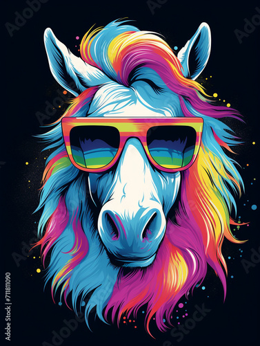 T-shirt design, white horse in rainbow glasses on a blue-black background, barbiecore style created with Generative Ai