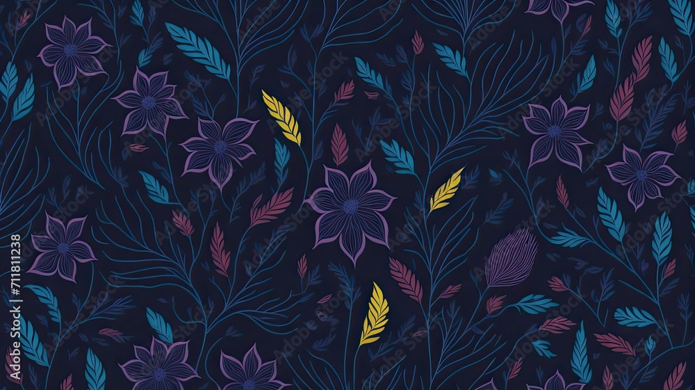 Seamless pattern with hand drawn flowers and leaves. colorful floral illustration. Seamless floral pattern. decorative floral design on dark blue background. Seamless pattern with hand drawn flowers and leaves. colorful floral illustration. Seamless floral pattern. decorative floral design on dark blue background.