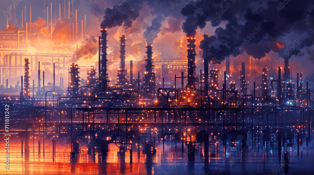 Oil refinery and petrochemical plant at night and reflections in the water. Industrial background.