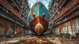 An old and rusty ship is in a dry dock.