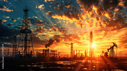 Silhouetted oil rigs and refinery structures stand against a dramatic sunset sky.
