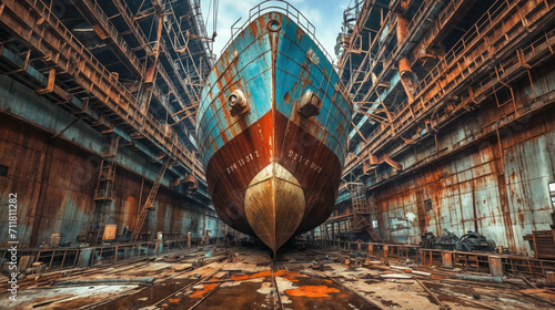 An old and rusty ship is in a dry dock. photo