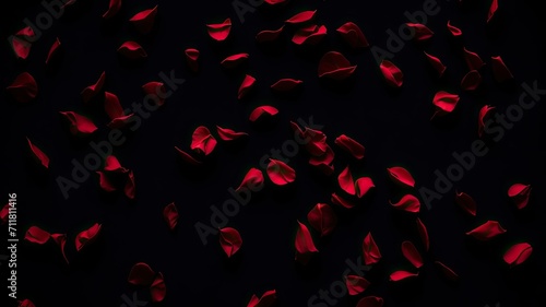 Red rose petals on black background. Valentines day concept. Black background with red rose petals. Rose Petals Falling.