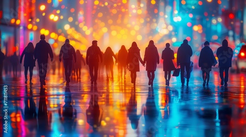 Vibrant city life. Silhouetted people walking on rainy street at night