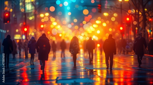 Busy city street at night with pedestrians and colorful bokeh lights photo