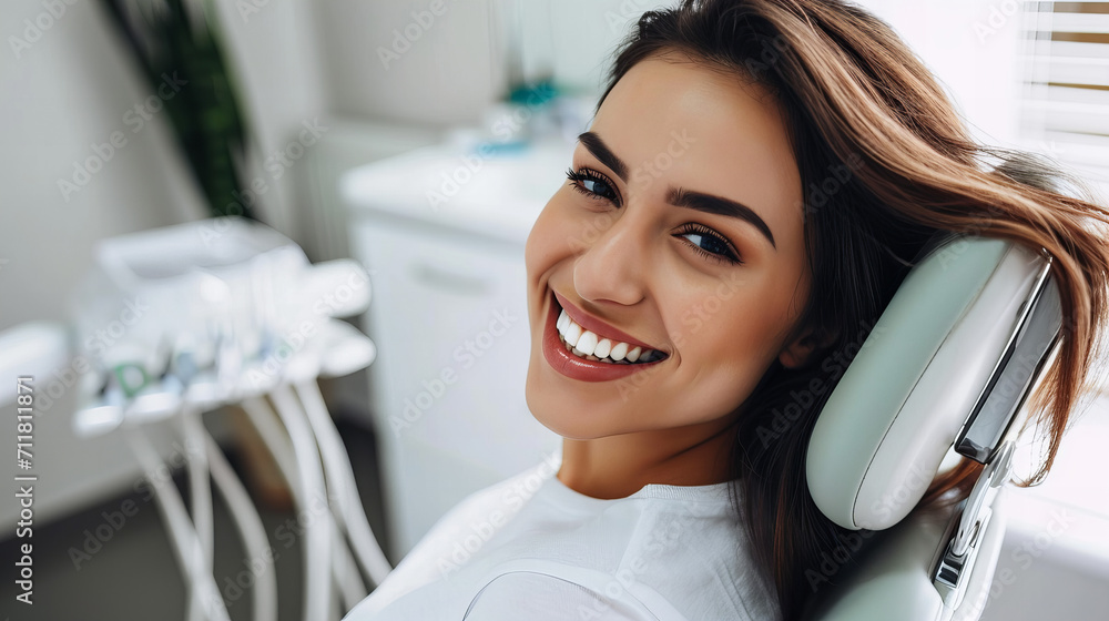 smiling brunette woman in dentist surgery having dental checkup