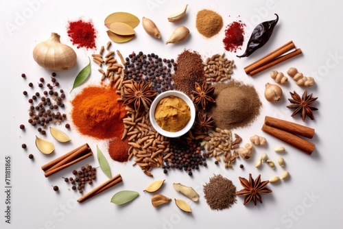 Set of spices on a white isolated background for banner. Asian spices. Seasonings for dishes