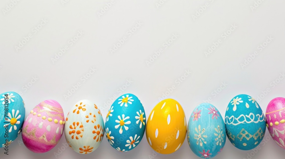 A vibrant array of hand-painted Easter eggs, blue, yellow, and pink, white background. Top view, space for text A vibrant array of hand-painted Easter eggs, blue, yellow, and pink, white background. Top view, space for text