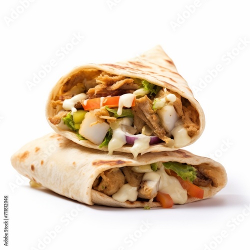 Shawarma in pita bread with cucumber, tomatoes, cabbage and sauce on a white isolated background. Turkish cuisine, oriental dishes, street food