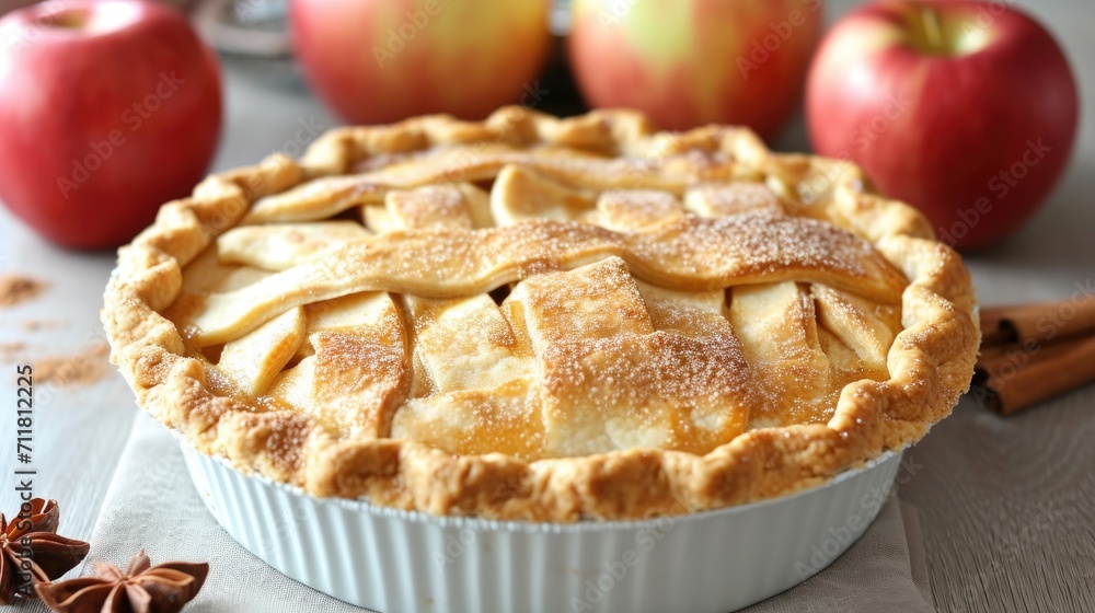 A homemade apple pie with a golden crust on a kitchen counter, mother's cooking, easy recipe A homemade apple pie with a golden crust on a kitchen counter, mother's cooking, easy recipe