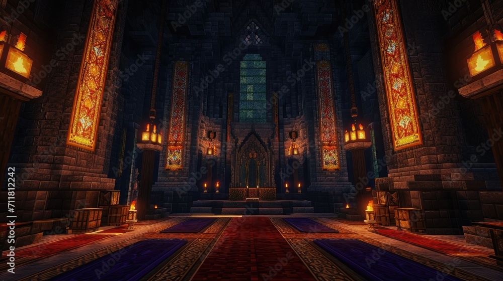 A grand, gothic cathedral interior illuminated by torches and a large stained glass window, dark fantasy setting - obrazy, fototapety, plakaty 