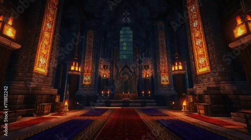A grand, gothic cathedral interior illuminated by torches and a large stained glass window, dark fantasy setting photo