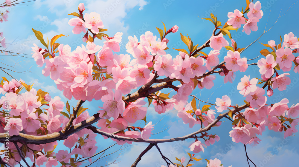sakura cherry branch with pink flowers, bright blue sky background sakura cherry branch with pink flowers, bright blue sky background